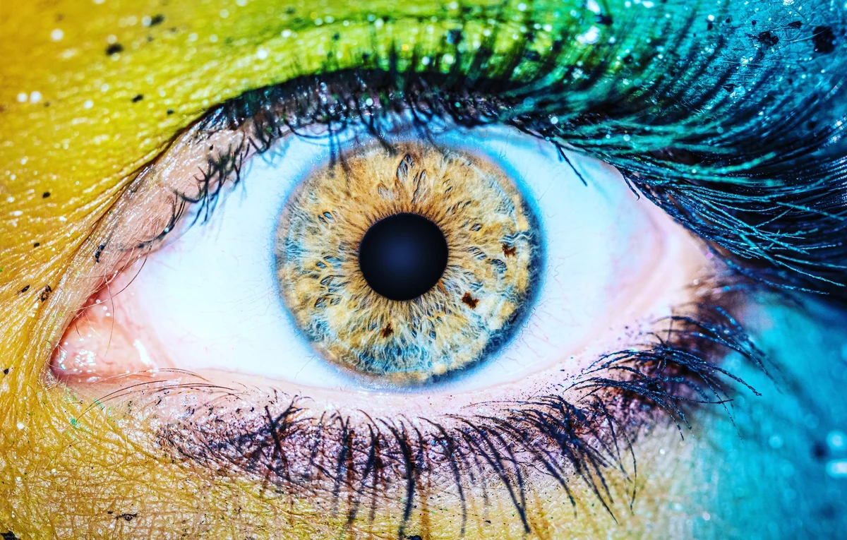 Nahaufnahme einer goldblauen Iris, umgeben von leuchtenden gelben und blauen Farben
