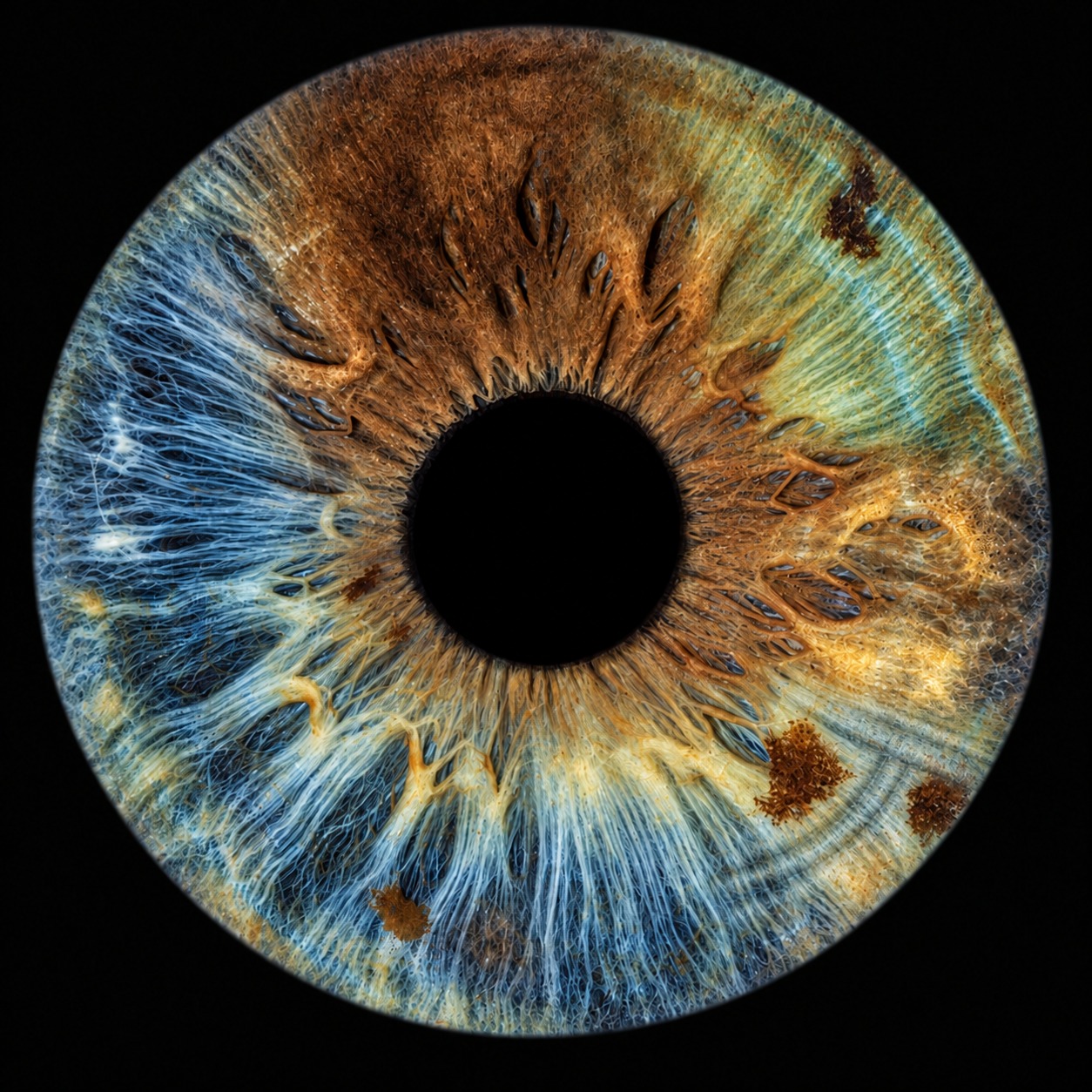 Künstlerische Iris mit sattbraunem Bereich oben links, Grün und Gold rechts sowie blauen radialen Strukturen.